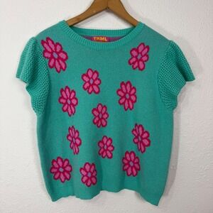 THML Women Large Sweater Top Mod Floral Crochet Short Sleeve Teal Pink Cottage